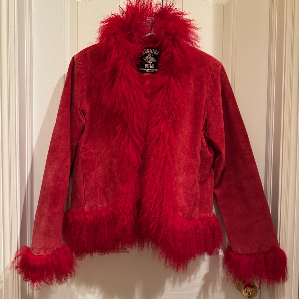 Women's Red Suede Mongolian Fur Trim Jacket by Running Wild